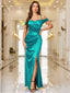 Off-Shoulder Wrap Ruched Split Hem Satin Evening Dress
