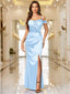 Off-Shoulder Wrap Ruched Split Hem Satin Evening Dress