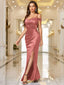Off-Shoulder Wrap Ruched Split Hem Satin Evening Dress