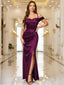Off-Shoulder Wrap Ruched Split Hem Satin Evening Dress
