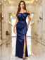 Off-Shoulder Wrap Ruched Split Hem Satin Evening Dress