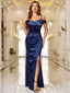 Off-Shoulder Wrap Ruched Split Hem Satin Evening Dress