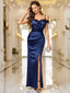 Off-Shoulder Wrap Ruched Split Hem Satin Evening Dress