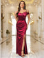 Off-Shoulder Wrap Ruched Split Hem Satin Evening Dress