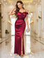 Off-Shoulder Wrap Ruched Split Hem Satin Evening Dress