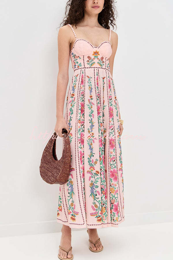 Sylvie Dress Sweetheart Neck Beaded Strap Maxi in Forest Bloom