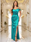 Off-Shoulder Wrap Ruched Split Hem Satin Evening Dress