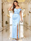 Off-Shoulder Wrap Ruched Split Hem Satin Evening Dress