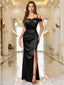 Off-Shoulder Wrap Ruched Split Hem Satin Evening Dress
