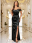 Off-Shoulder Wrap Ruched Split Hem Satin Evening Dress
