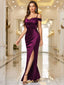 Off-Shoulder Wrap Ruched Split Hem Satin Evening Dress