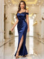 Off-Shoulder Wrap Ruched Split Hem Satin Evening Dress