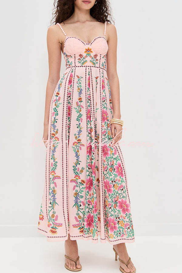 Sylvie Dress Sweetheart Neck Beaded Strap Maxi in Forest Bloom