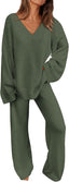 Mila | Chunky Knit V-Neck Sweater & High-Waist Wide-Leg Pant Set