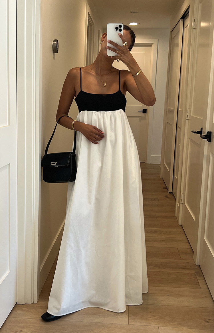 ELARA CONTRAST MAXI DRESS – WHITE & BLACK