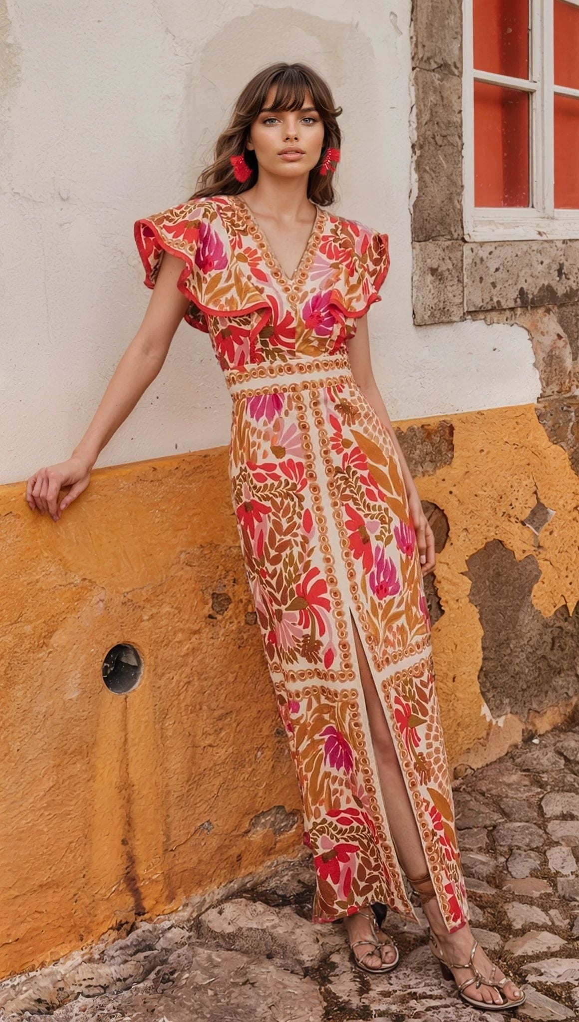ELARA FLORAL MIDI DRESS – RED & YELLOW