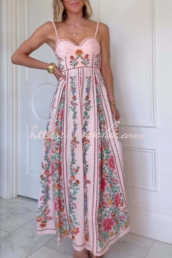 Sylvie Dress Sweetheart Neck Beaded Strap Maxi in Forest Bloom