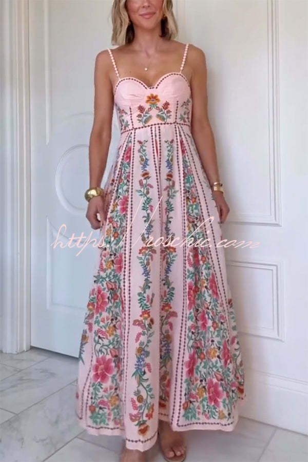 Sylvie Dress Sweetheart Neck Beaded Strap Maxi in Forest Bloom